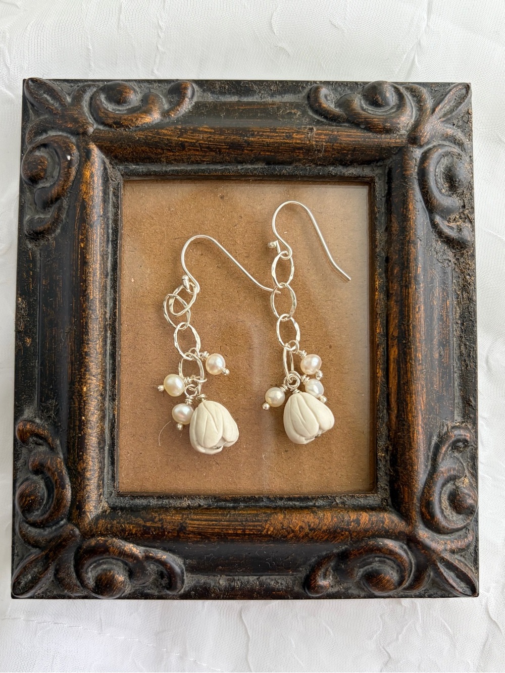Handcrafted White Pikake and Pearl Dangle Earrings